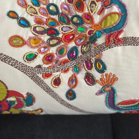 USED Pier 1 Embroidered Peacock Lumbar Pillow - Picture 2 of 4